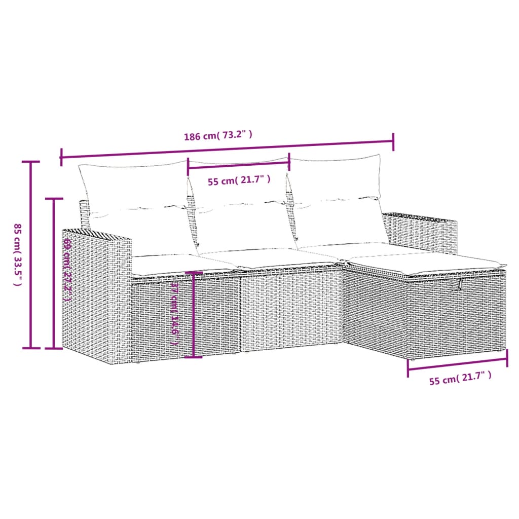 Ensemble de canapé de jardin 4 pcs avec coussins marron résine tressée