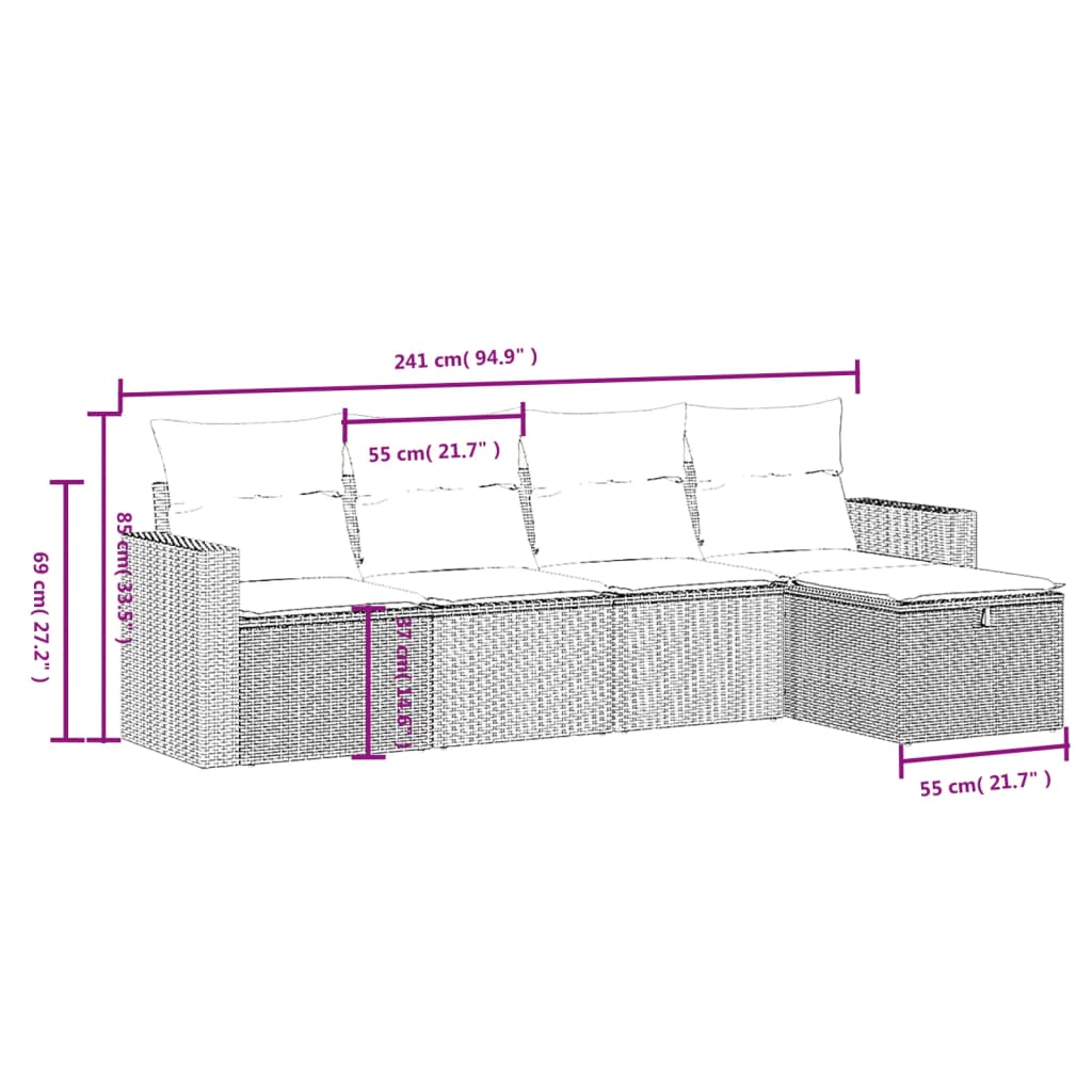 Ensemble de canapé de jardin 5 pcs avec coussins marron résine tressée