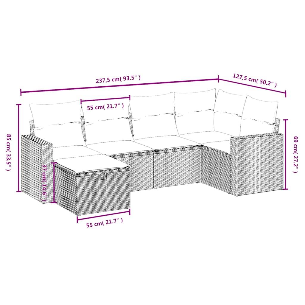 Salon de jardin 6 pcs avec coussins noir résine tressée
