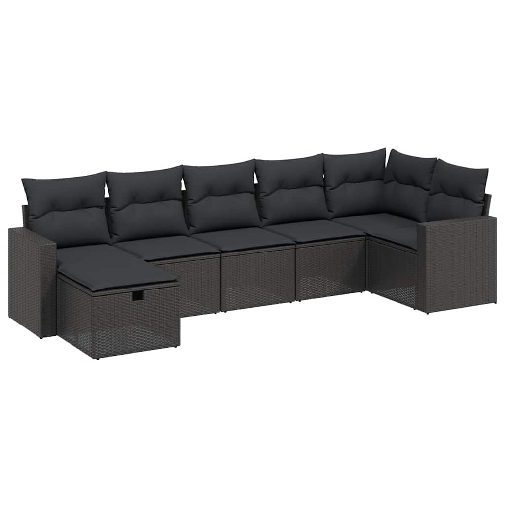 Salon de jardin 7 pcs avec coussins noir résine tressée