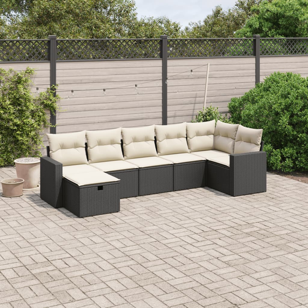 Salon de jardin 7 pcs avec coussins noir résine tressée