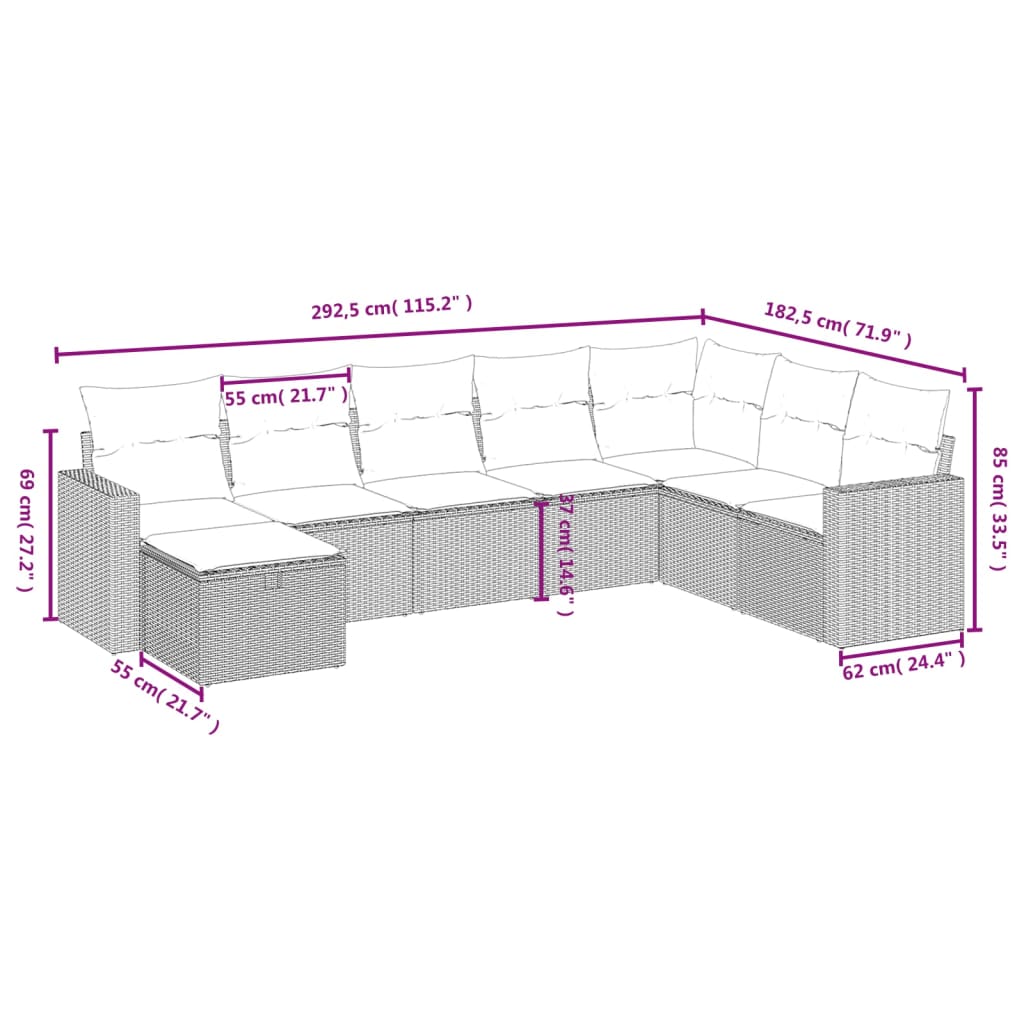 Salon de jardin avec coussins 8 pcs beige résine tressée