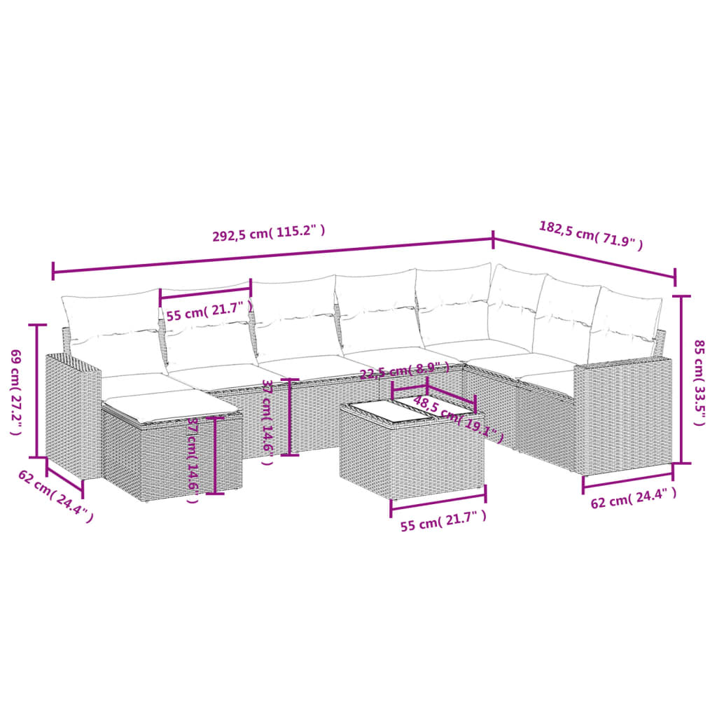 Salon de jardin avec coussins 9 pcs beige résine tressée