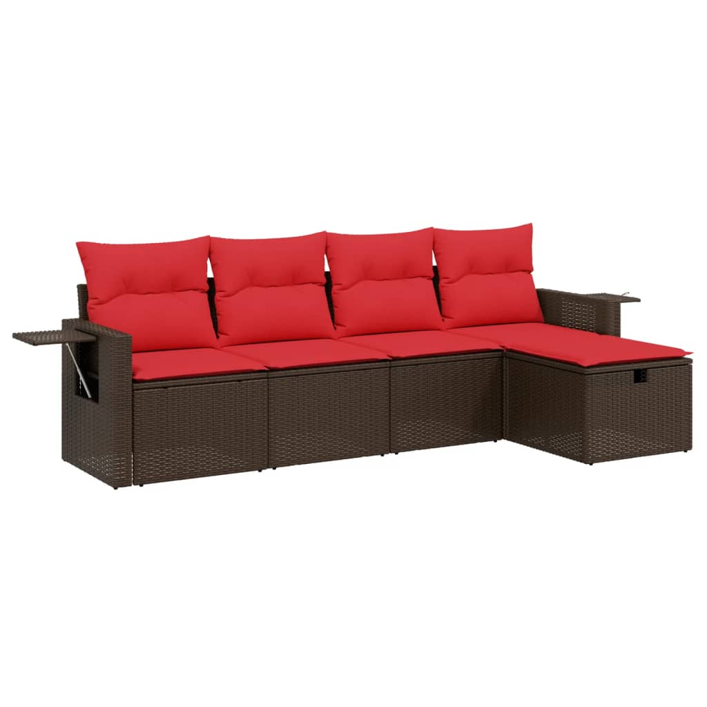 Ensemble de canapé de jardin 5 pcs avec coussins marron résine tressée
