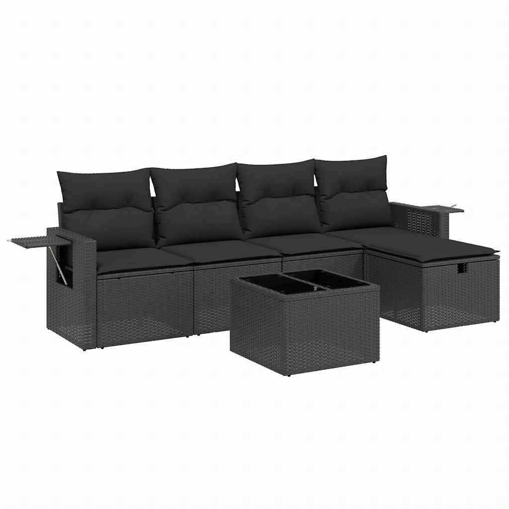 Salon de jardin 6 pcs avec coussins noir résine tressée