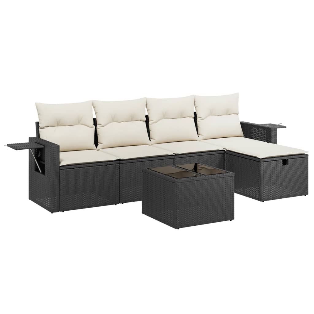 Salon de jardin 6 pcs avec coussins noir résine tressée