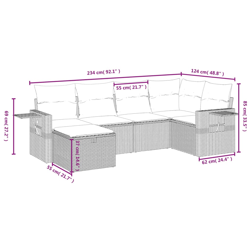 Ensemble de canapé de jardin 6 pcs avec coussins marron résine tressée