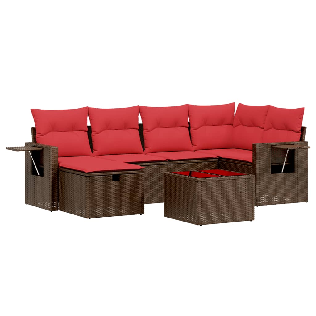 Ensemble de canapé de jardin 7 pcs avec coussins marron résine tressée