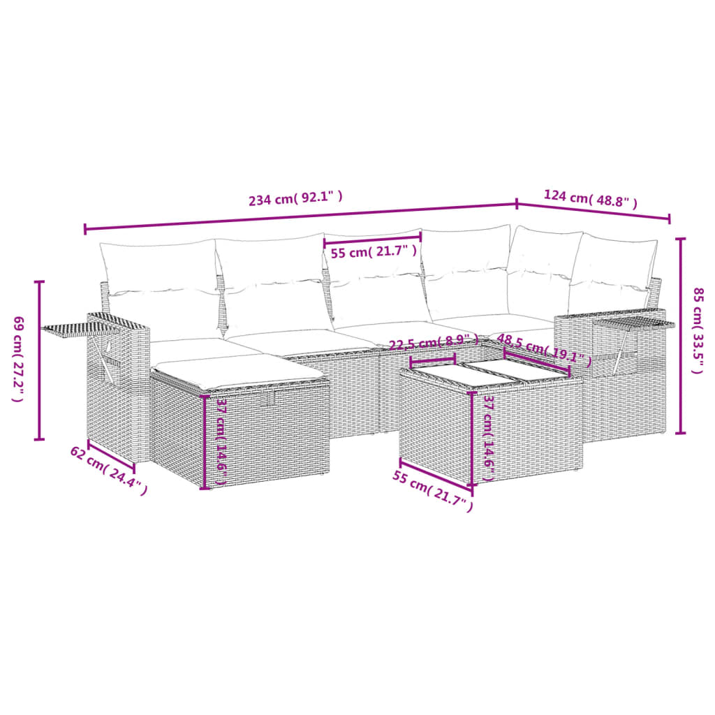 Ensemble de canapé de jardin 7 pcs avec coussins marron résine tressée