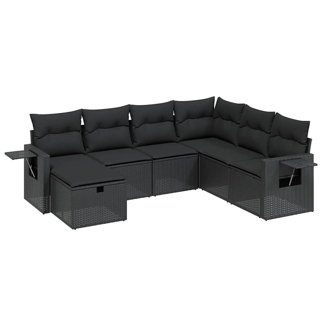 Salon de jardin 7 pcs avec coussins noir résine tressée