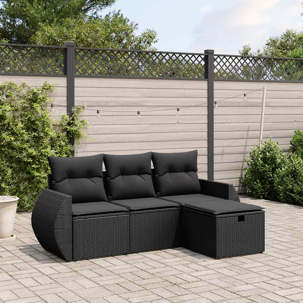 Salon de jardin 4 pcs avec coussins noir résine tressée