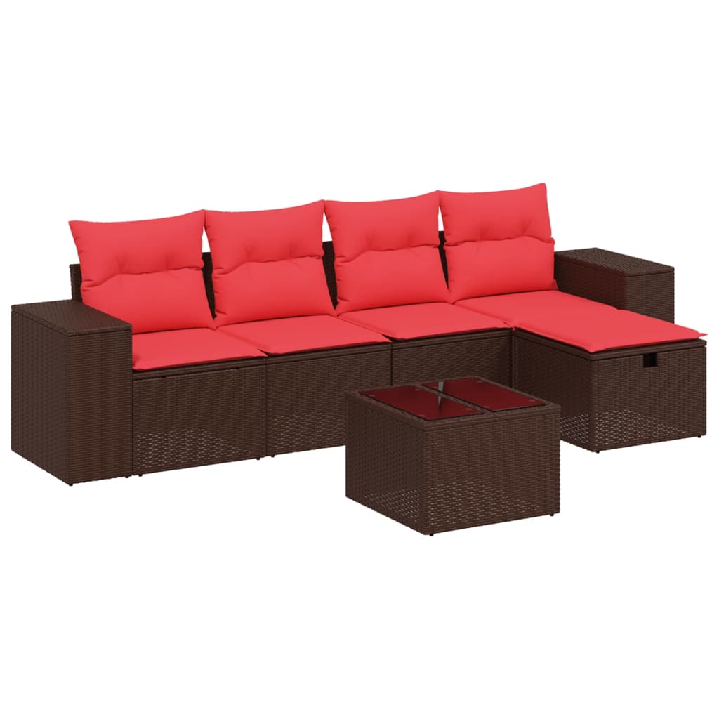 Ensemble de canapé de jardin 6 pcs avec coussins marron résine tressée