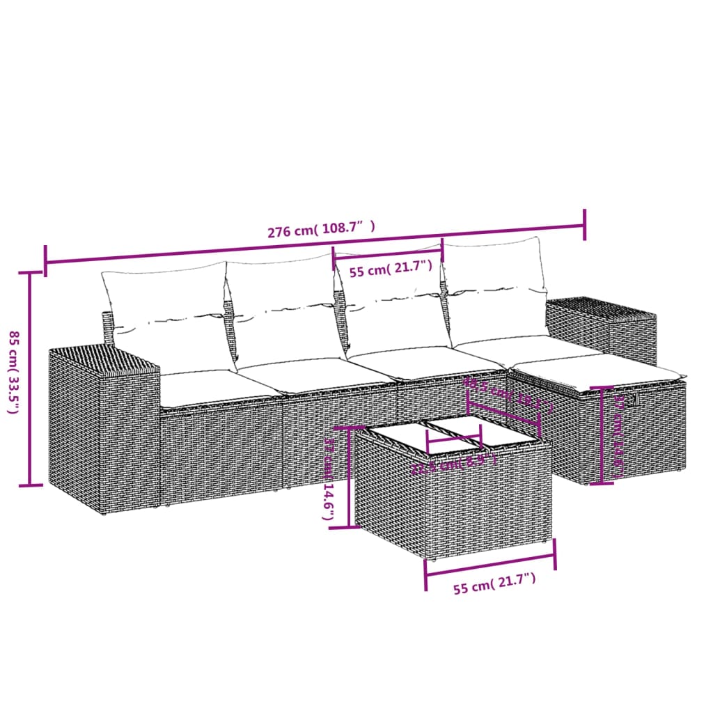 Ensemble de canapé de jardin 6 pcs avec coussins marron résine tressée