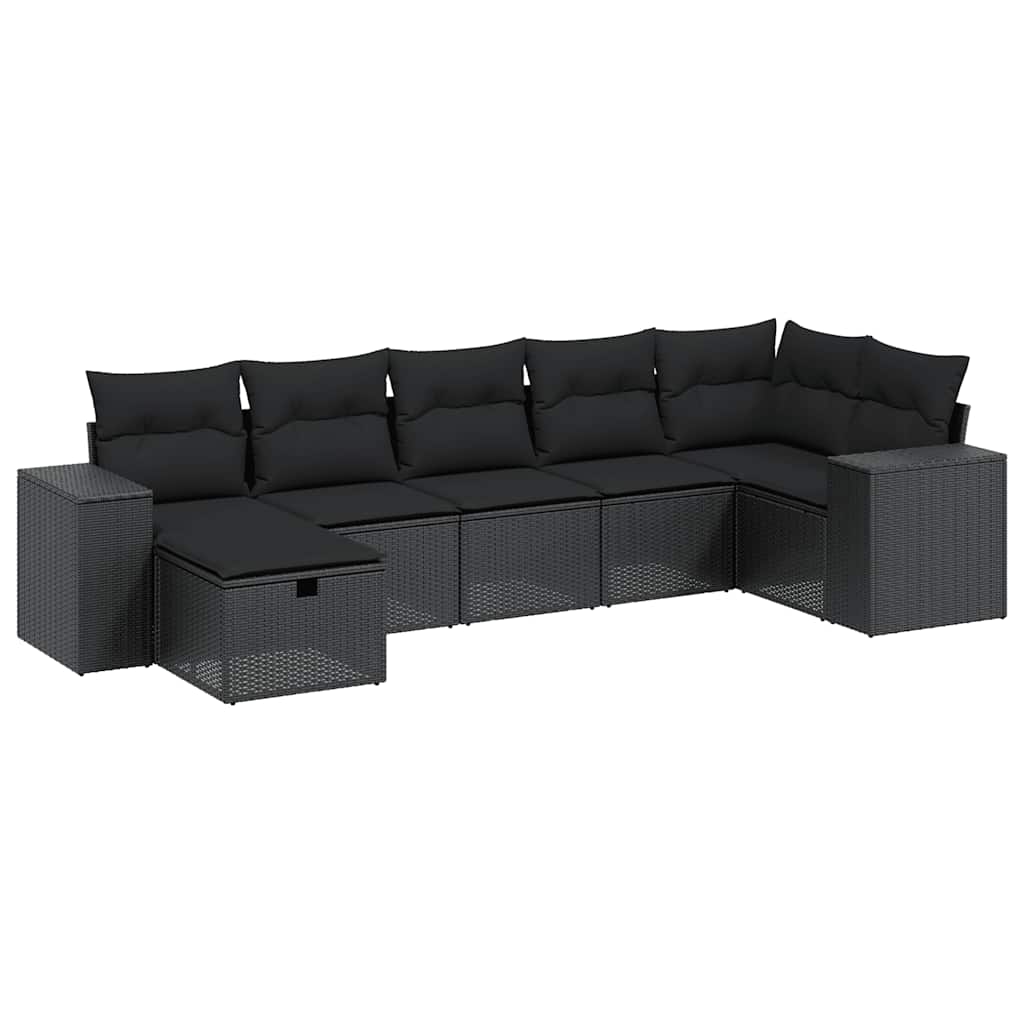Salon de jardin 7 pcs avec coussins noir résine tressée