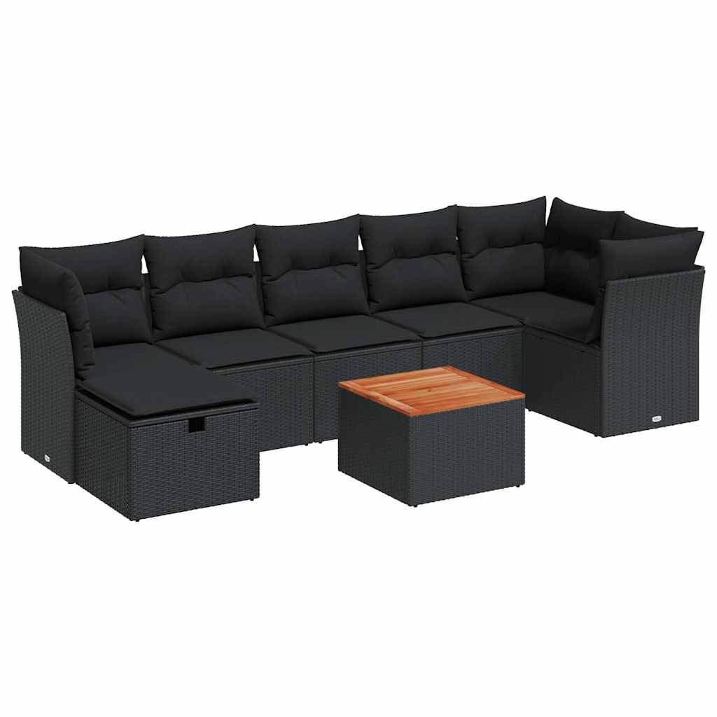 Salon de jardin 8 pcs avec coussins noir résine tressée