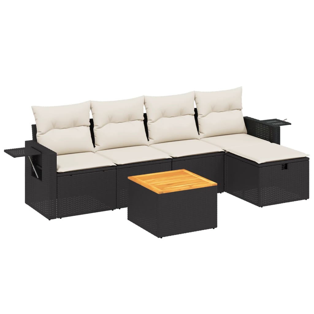 Salon de jardin 6 pcs avec coussins noir résine tressée