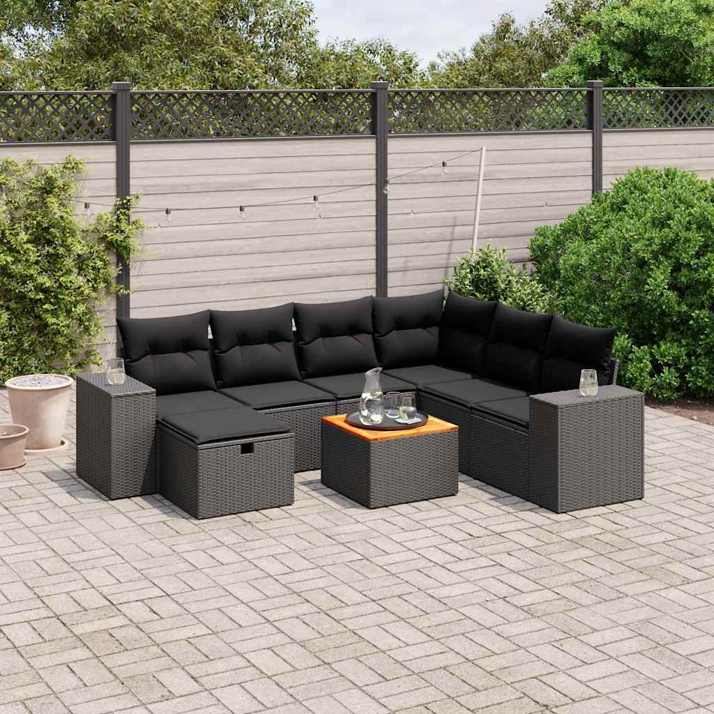 Salon de jardin 8 pcs avec coussins noir résine tressée