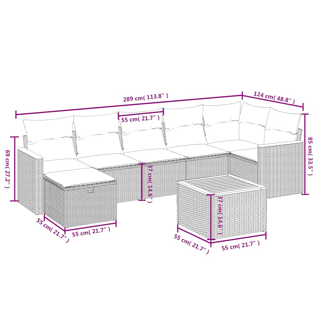 Salon de jardin 8 pcs avec coussins noir résine tressée