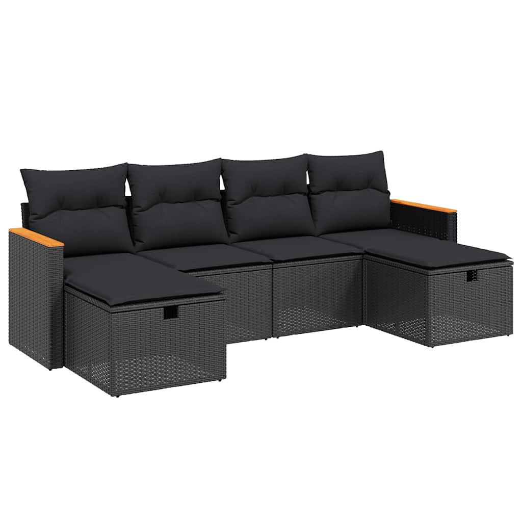 Salon de jardin 6 pcs avec coussins noir résine tressée