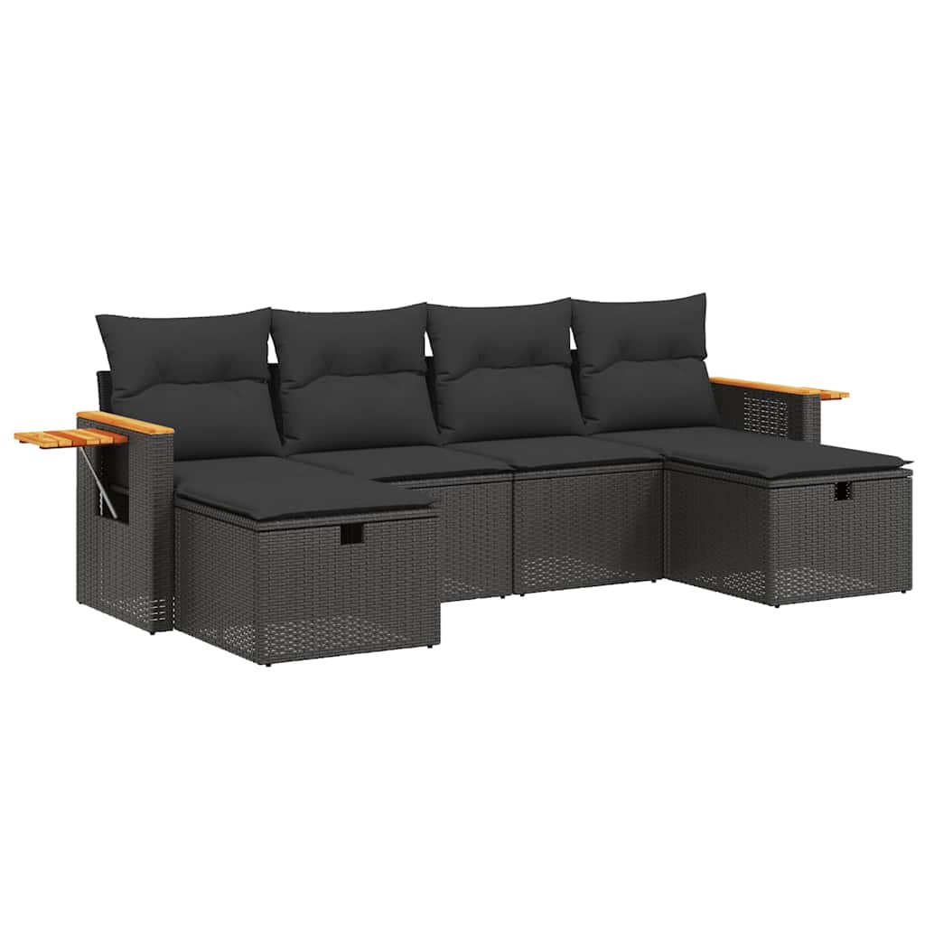 Salon de jardin 6 pcs avec coussins noir résine tressée