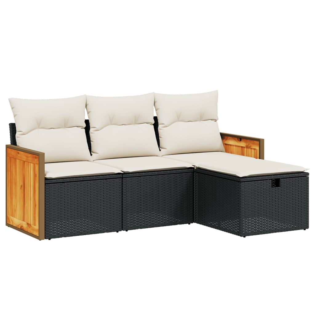 Salon de jardin 4 pcs avec coussins noir résine tressée