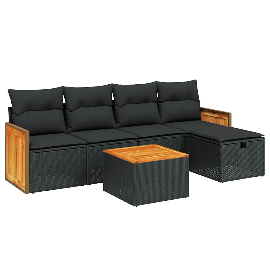 Salon de jardin 6 pcs avec coussins noir résine tressée