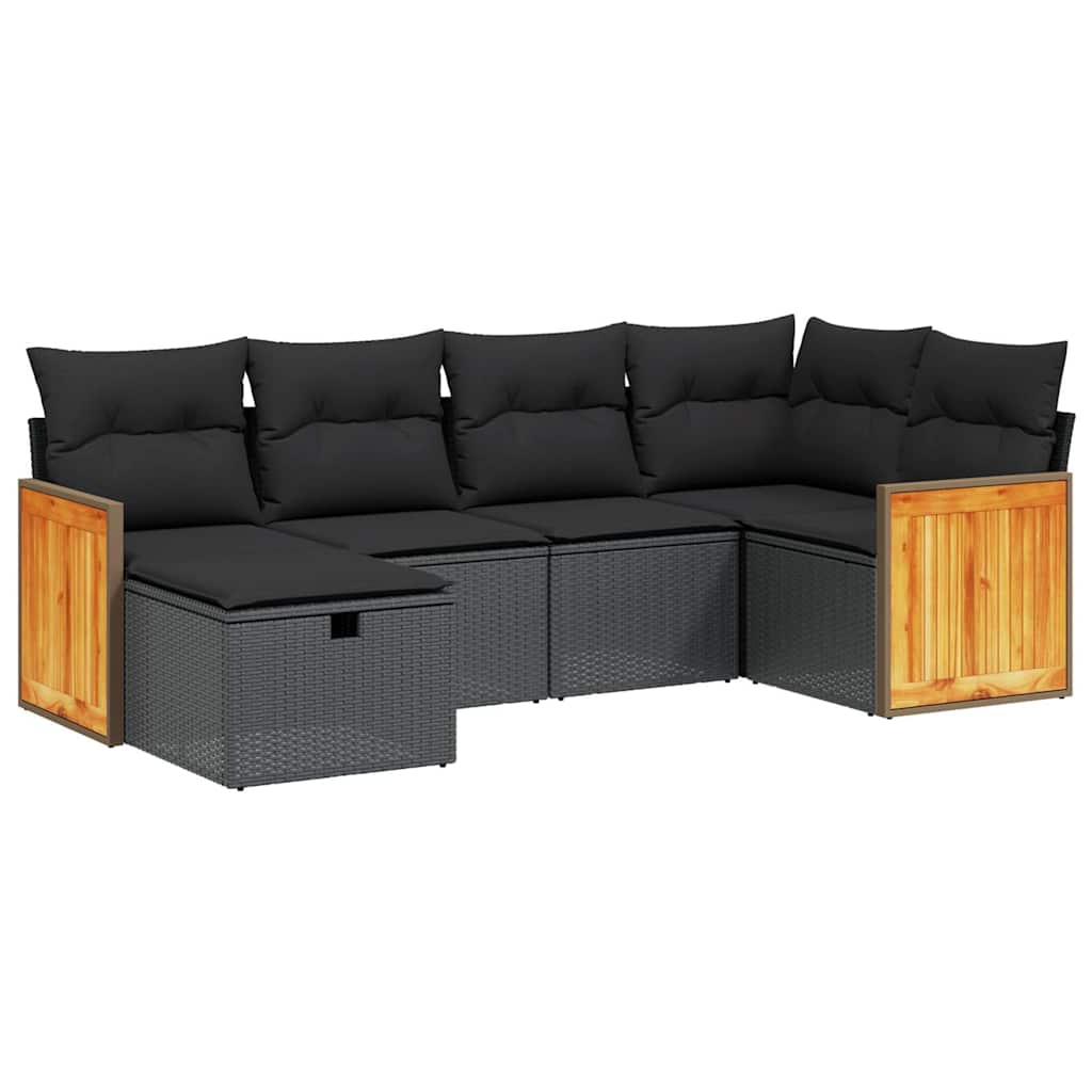 Salon de jardin 6 pcs avec coussins noir résine tressée