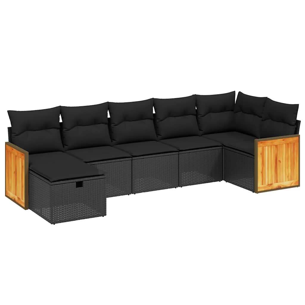 Salon de jardin 7 pcs avec coussins noir résine tressée