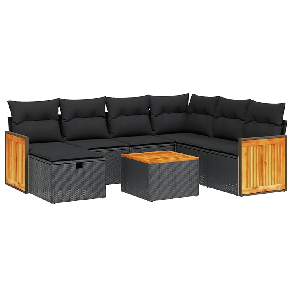 Salon de jardin 8 pcs avec coussins noir résine tressée