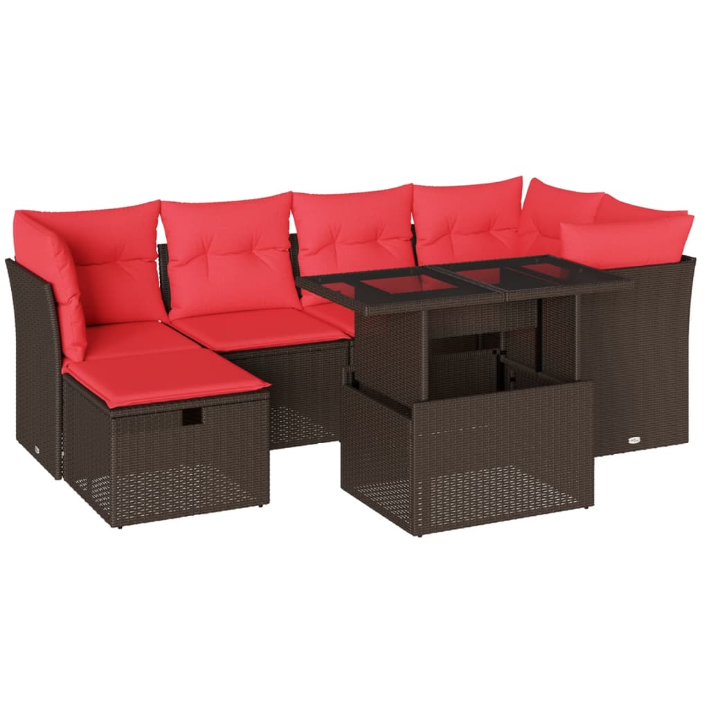 Ensemble de canapé de jardin 7 pcs avec coussins marron résine tressée
