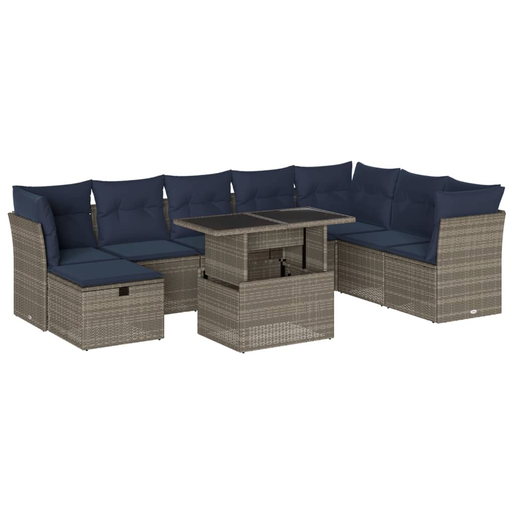 Ensemble de canapé de jardin 9 pcs avec coussins gris résine tressée
