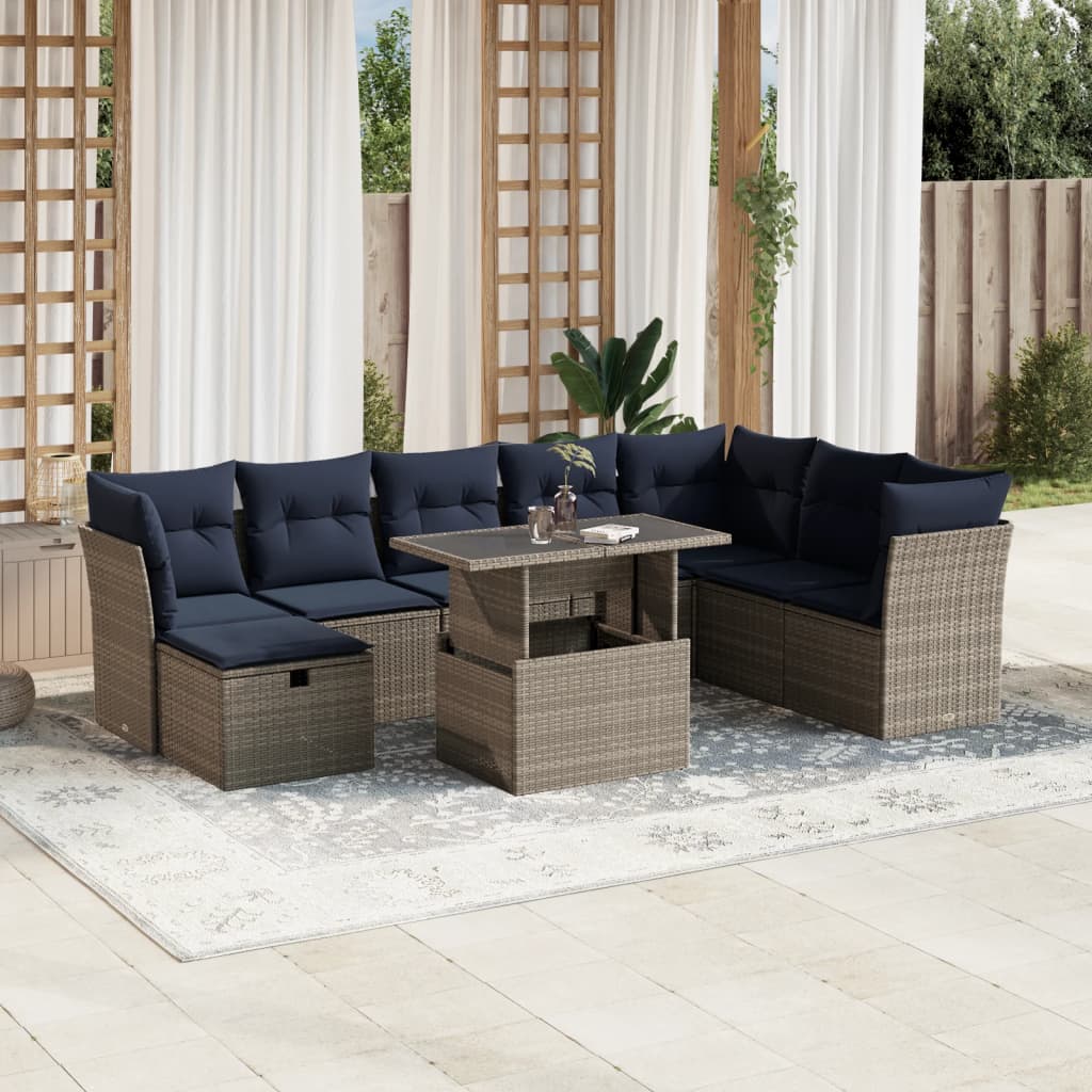 Ensemble de canapé de jardin 9 pcs avec coussins gris résine tressée