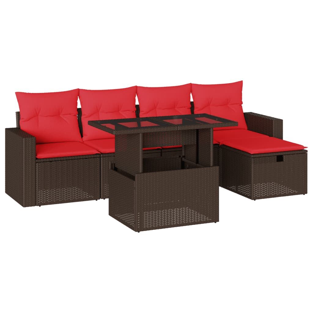 Ensemble de canapé de jardin 6 pcs avec coussins marron résine tressée