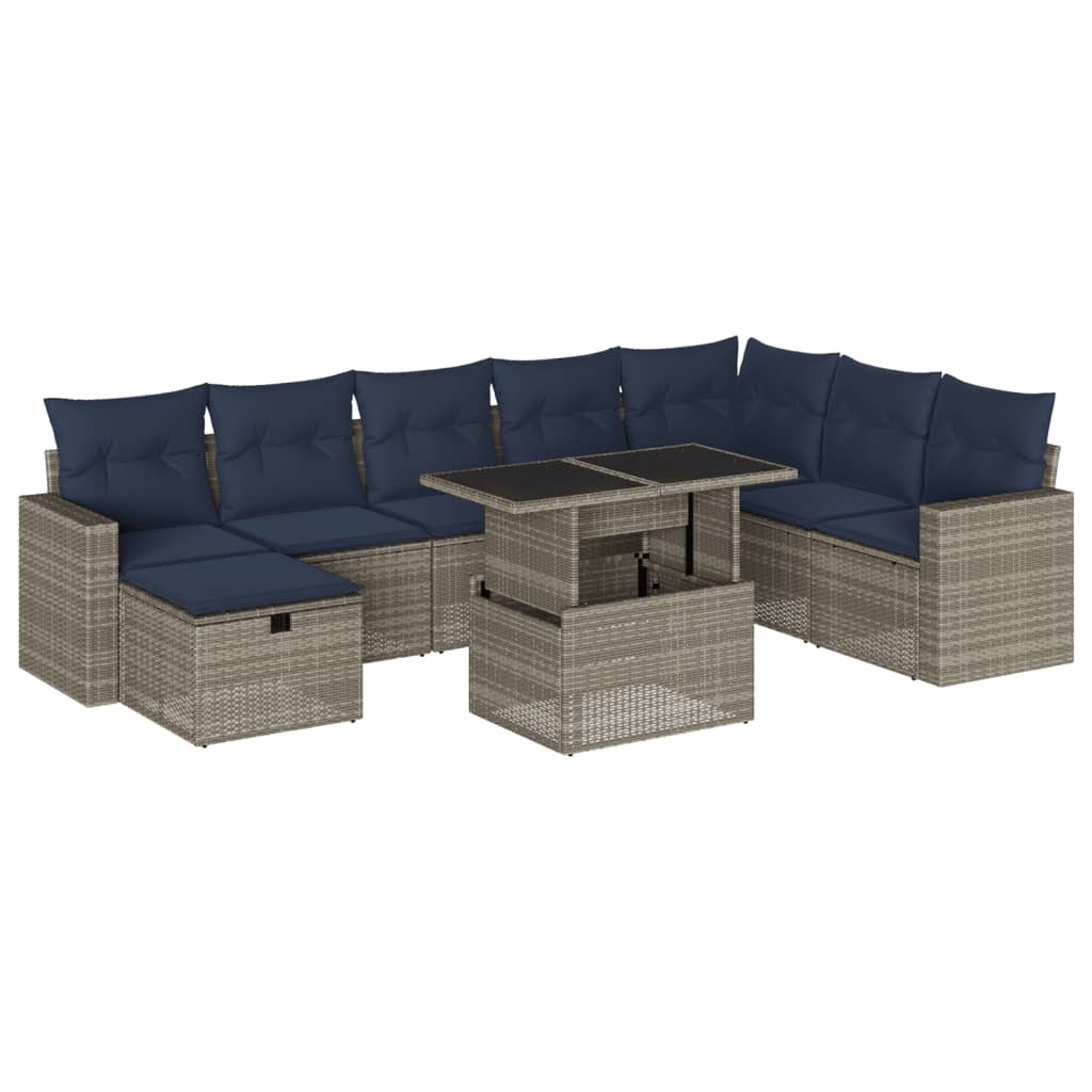 Ensemble de canapé de jardin 9 pcs avec coussins gris résine tressée