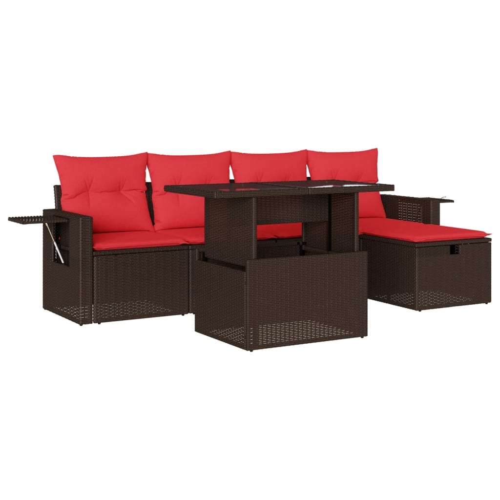 Ensemble de canapé de jardin 6 pcs avec coussins marron résine tressée