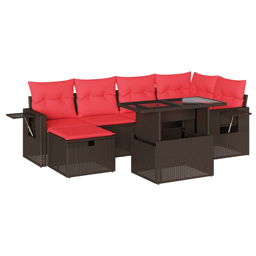 Ensemble de canapé de jardin 7 pcs avec coussins marron résine tressée