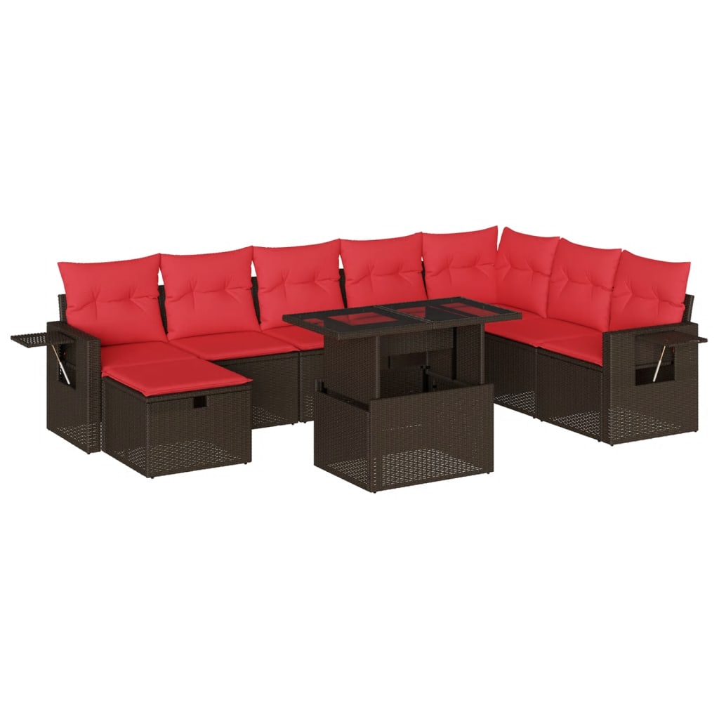 Ensemble de canapé de jardin 9 pcs avec coussins marron résine tressée