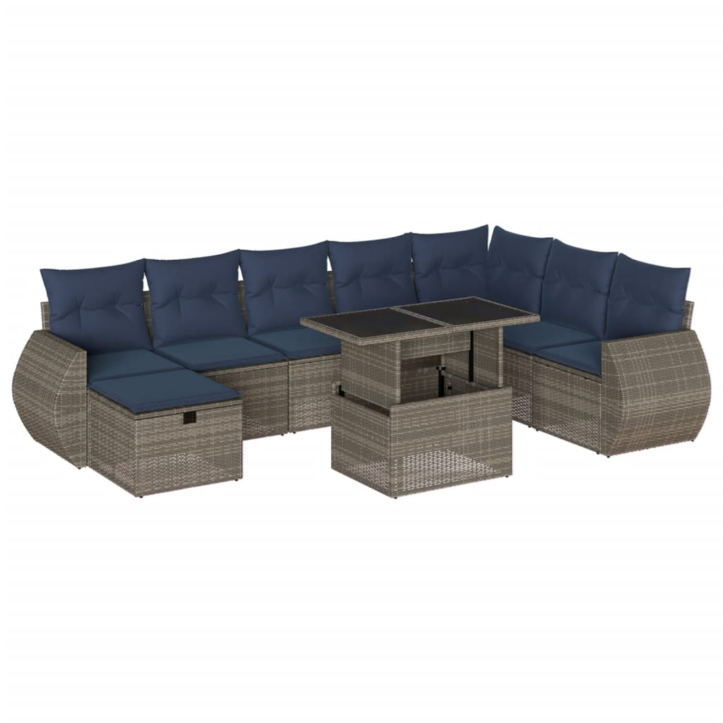 Ensemble de canapé de jardin 9 pcs avec coussins gris résine tressée