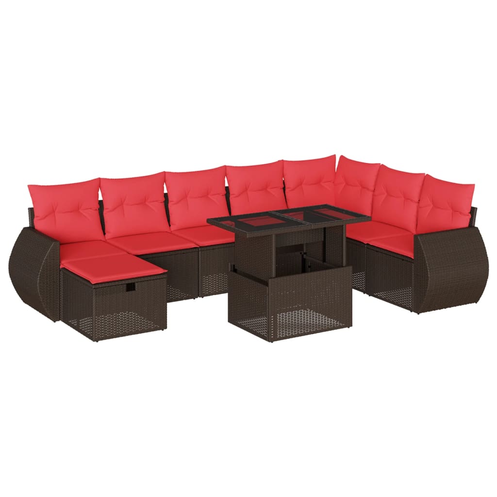 Ensemble de canapé de jardin 9 pcs avec coussins marron résine tressée