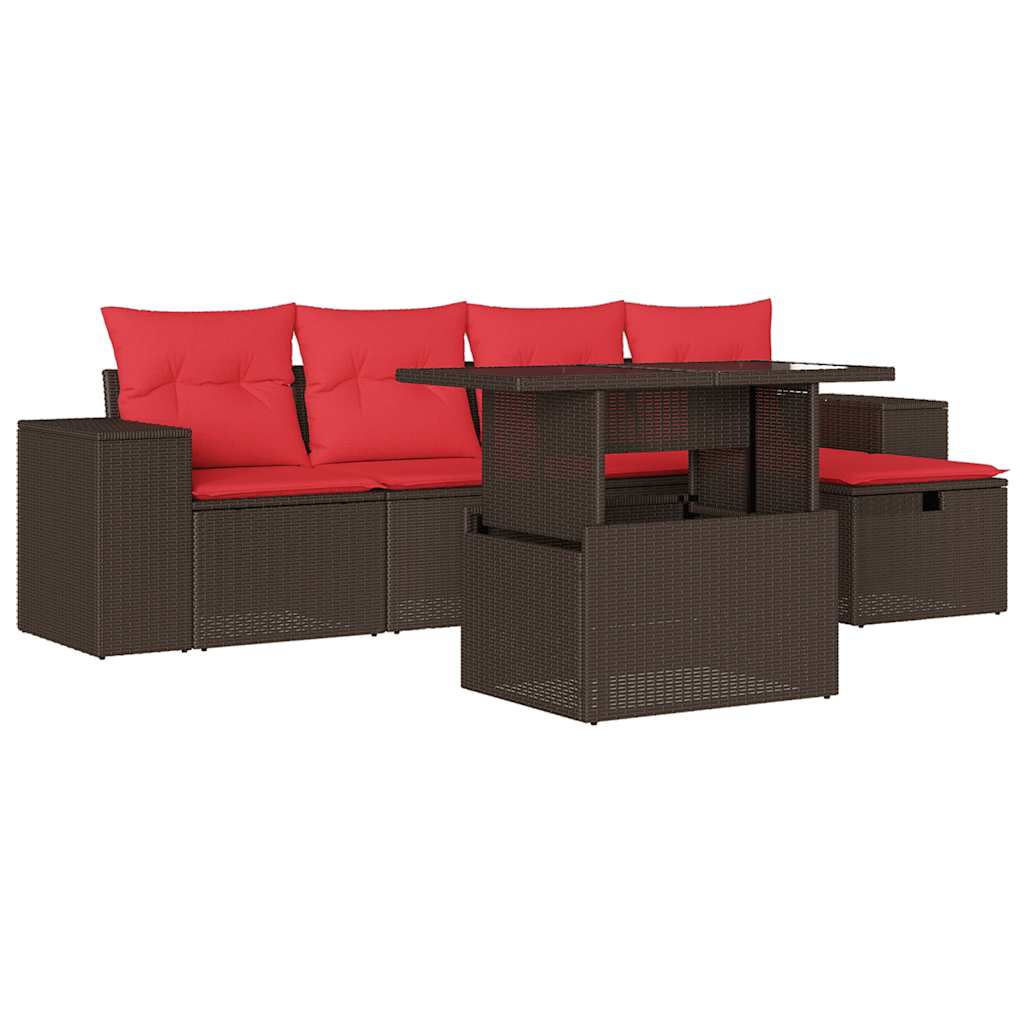 Ensemble de canapé de jardin 6 pcs avec coussins marron résine tressée