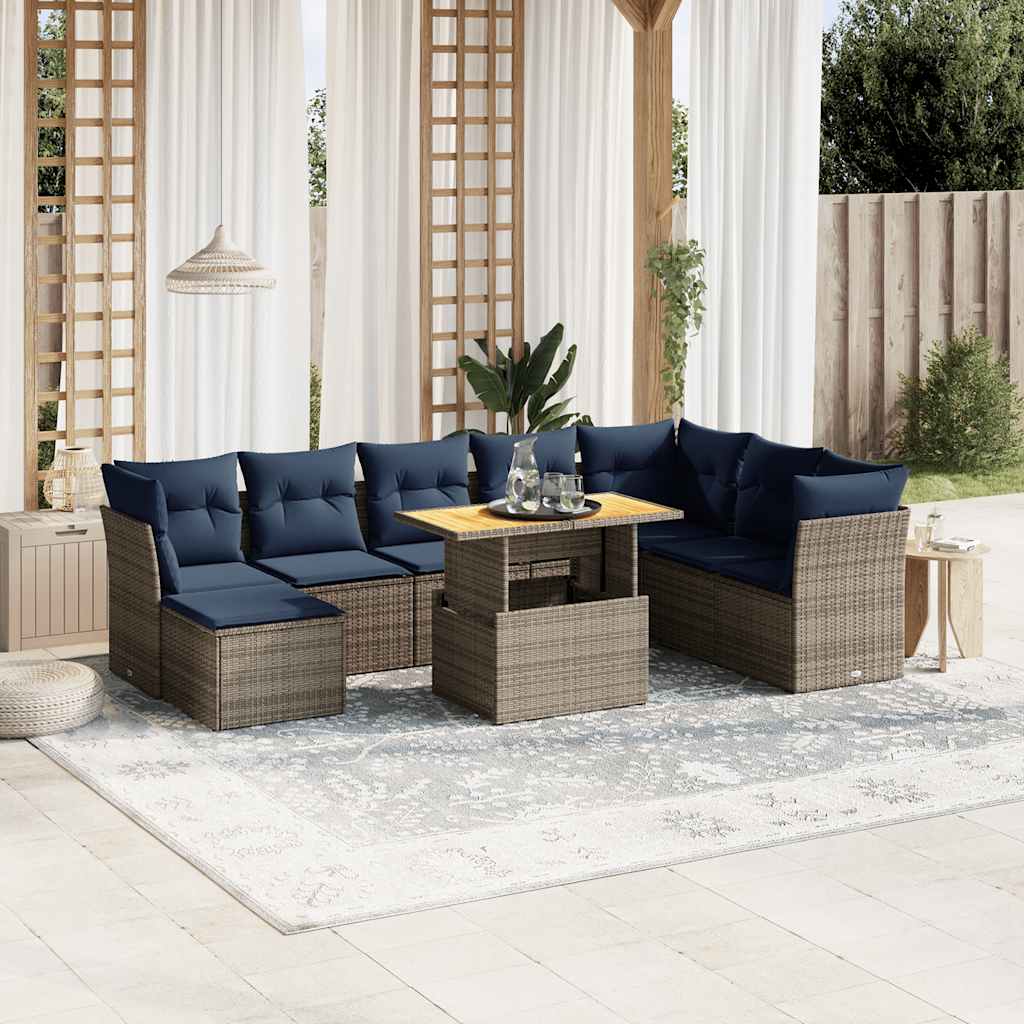 Salon de jardin 9 pcs avec coussins gris résine tressée