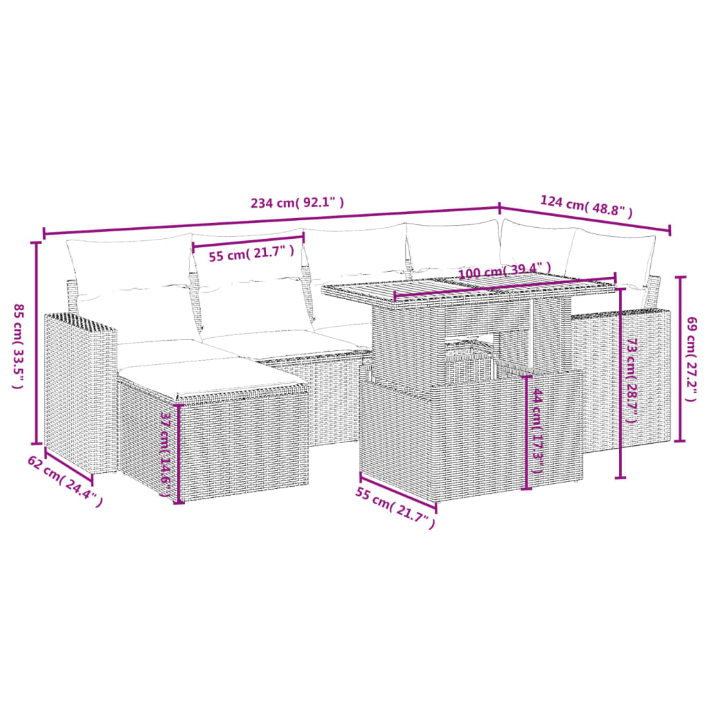 Salon de jardin avec coussins 7 pcs beige résine tressée