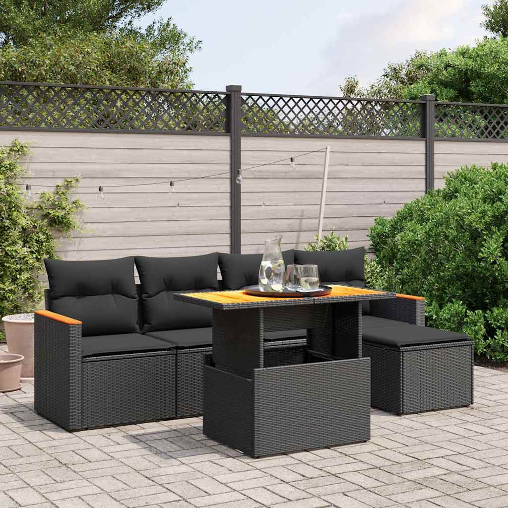 Salon de jardin 6 pcs avec coussins noir résine tressée