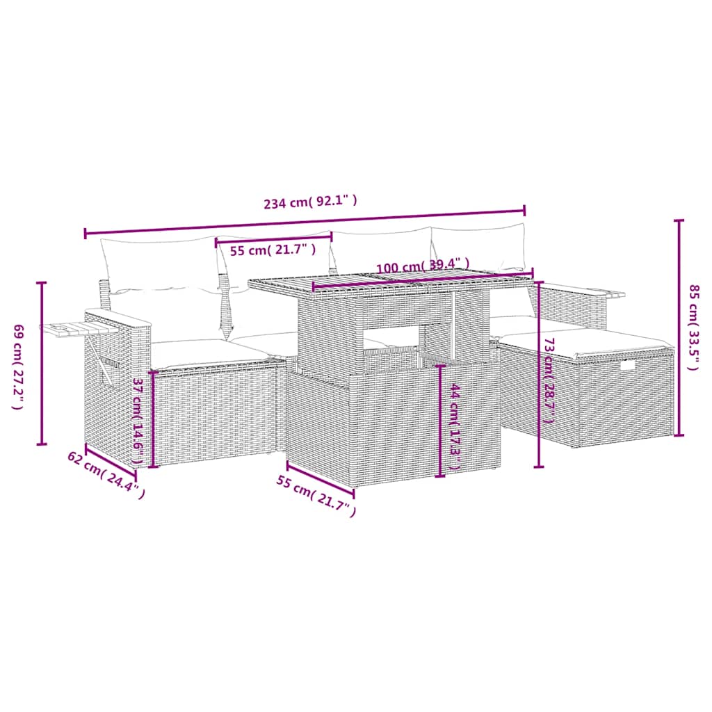 Salon de jardin 6 pcs avec coussins noir résine tressée