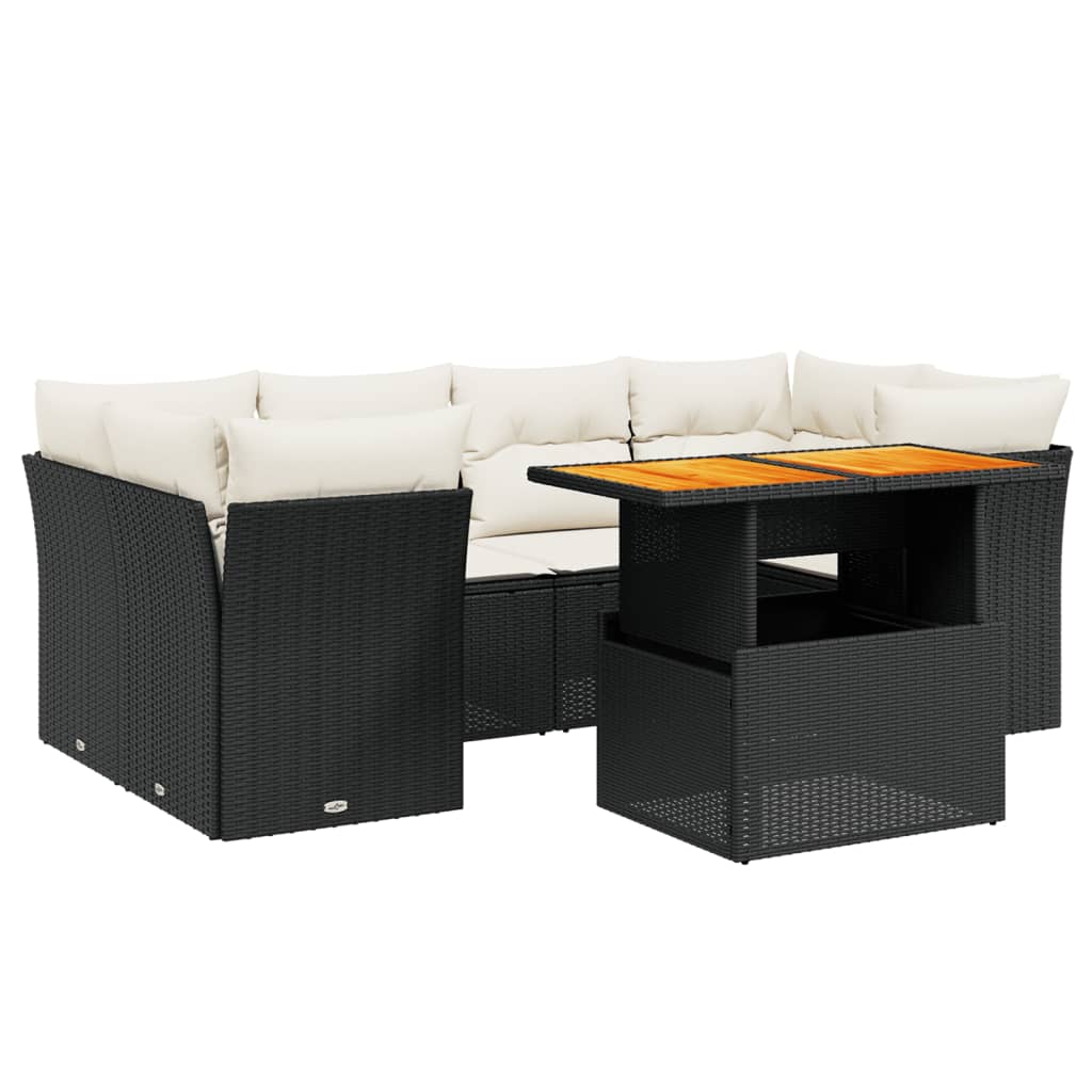 Salon de jardin 7 pcs avec coussins noir résine tressée