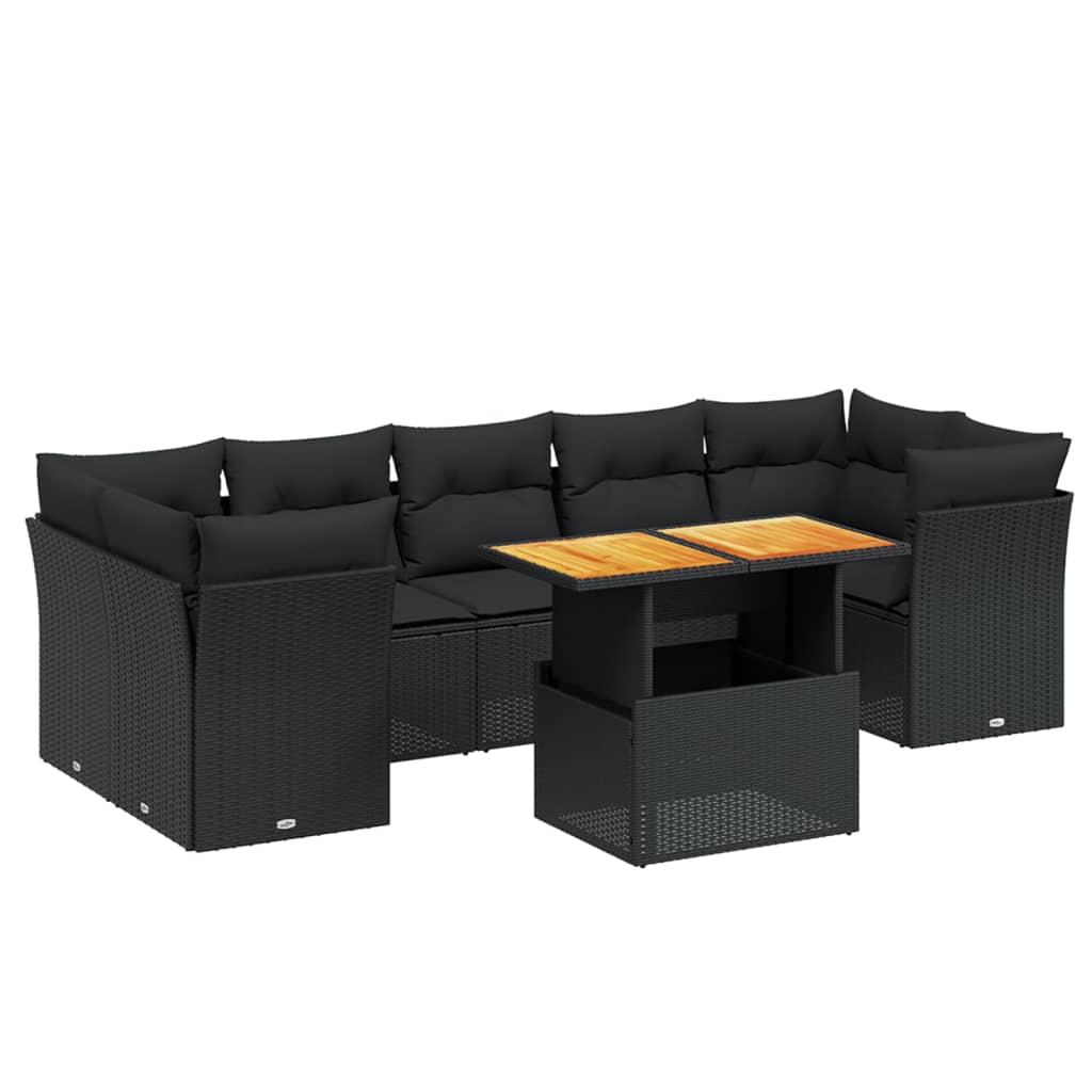 Salon de jardin 8 pcs avec coussins noir résine tressée