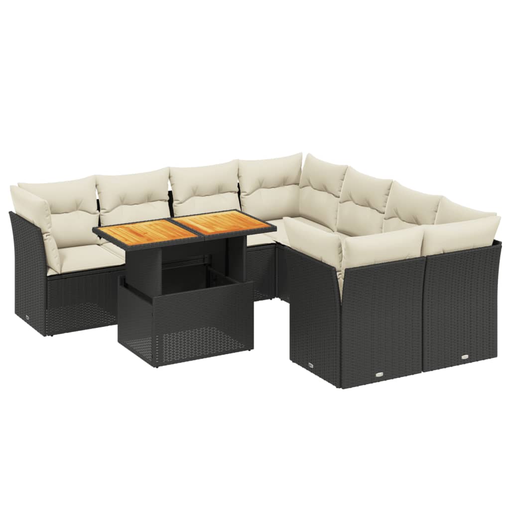 Salon de jardin 9 pcs avec coussins noir résine tressée