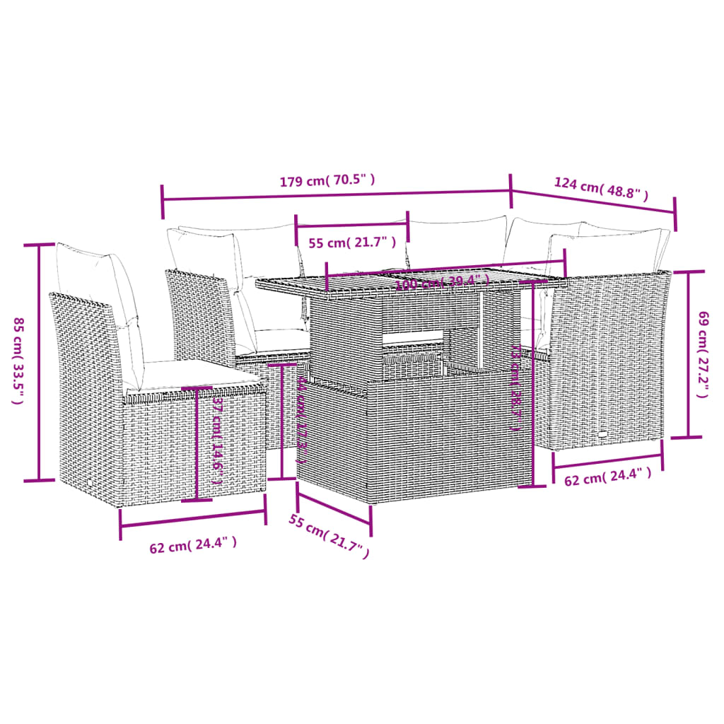 Salon de jardin avec coussins 5 pcs beige résine tressée