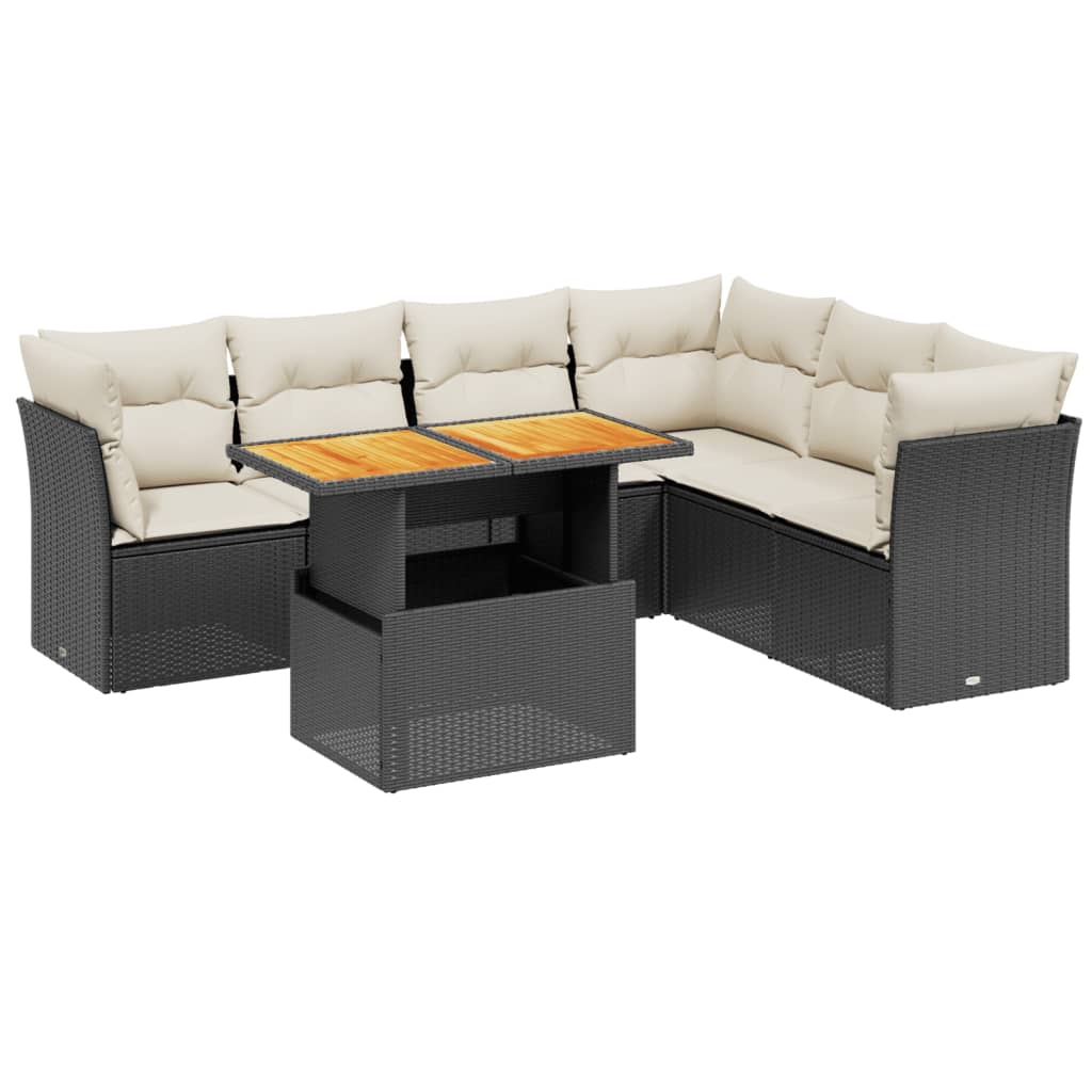 Salon de jardin 7 pcs avec coussins noir résine tressée