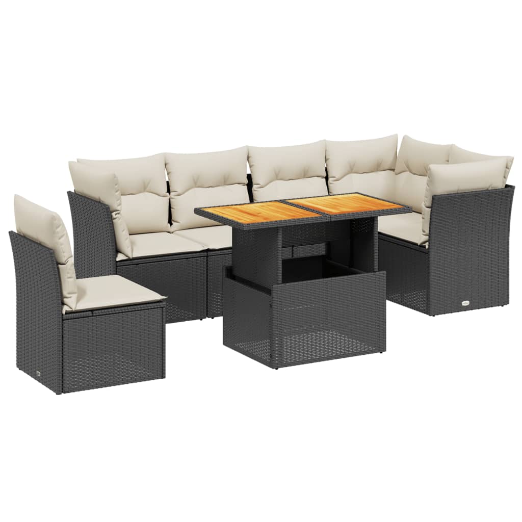 Salon de jardin 7 pcs avec coussins noir résine tressée